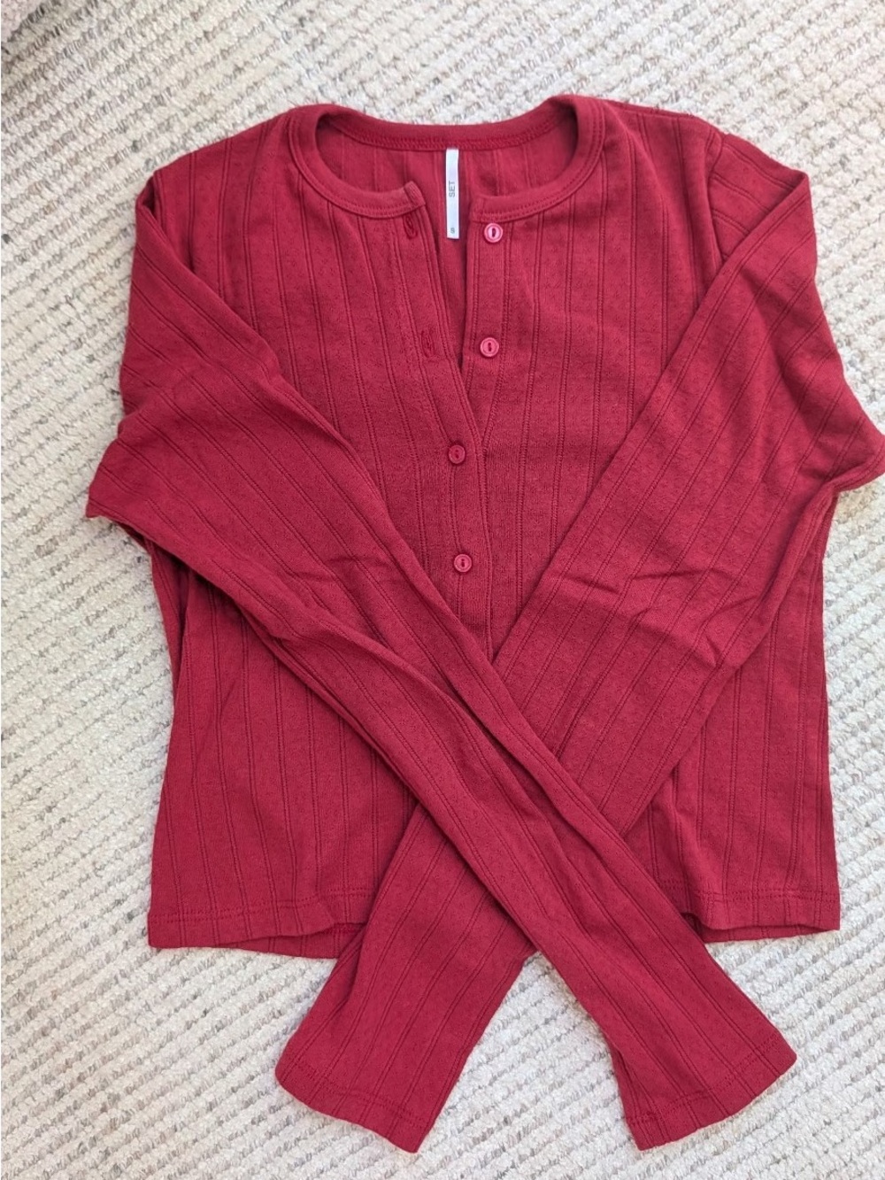 SET Active Red Ribbed Pointelle Button-Front Long Sleeve Top